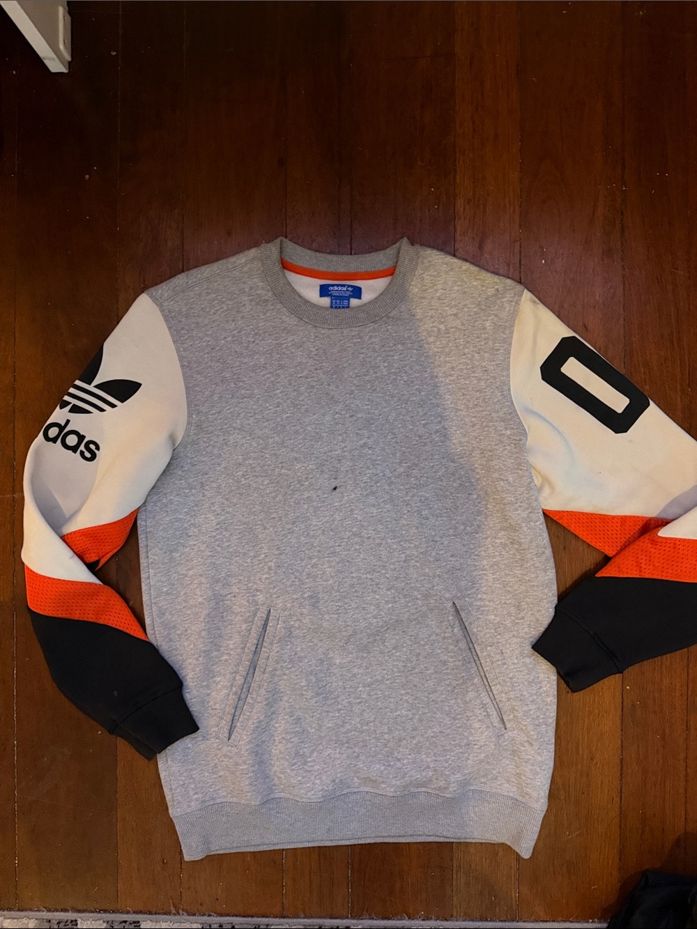 adidas Men’s Grey Crewneck Sweatshirt with Orange & Black Sleeve Panels